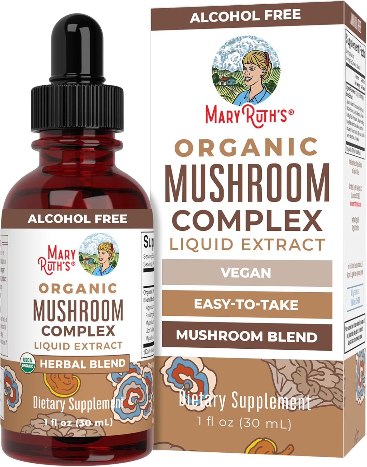 Organic Herbal Mushroom Complex Liquid Drops Supplement - Lion's Mane, Reishi, Shiitake - Non-GMO, Vegan, Alcohol-Free Tincture - 30 Servings