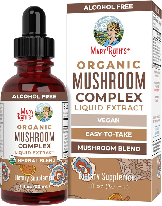 Organic Herbal Mushroom Complex Liquid Drops Supplement - Lion's Mane, Reishi, Shiitake - Non-GMO, Vegan, Alcohol-Free Tincture - 30 Servings