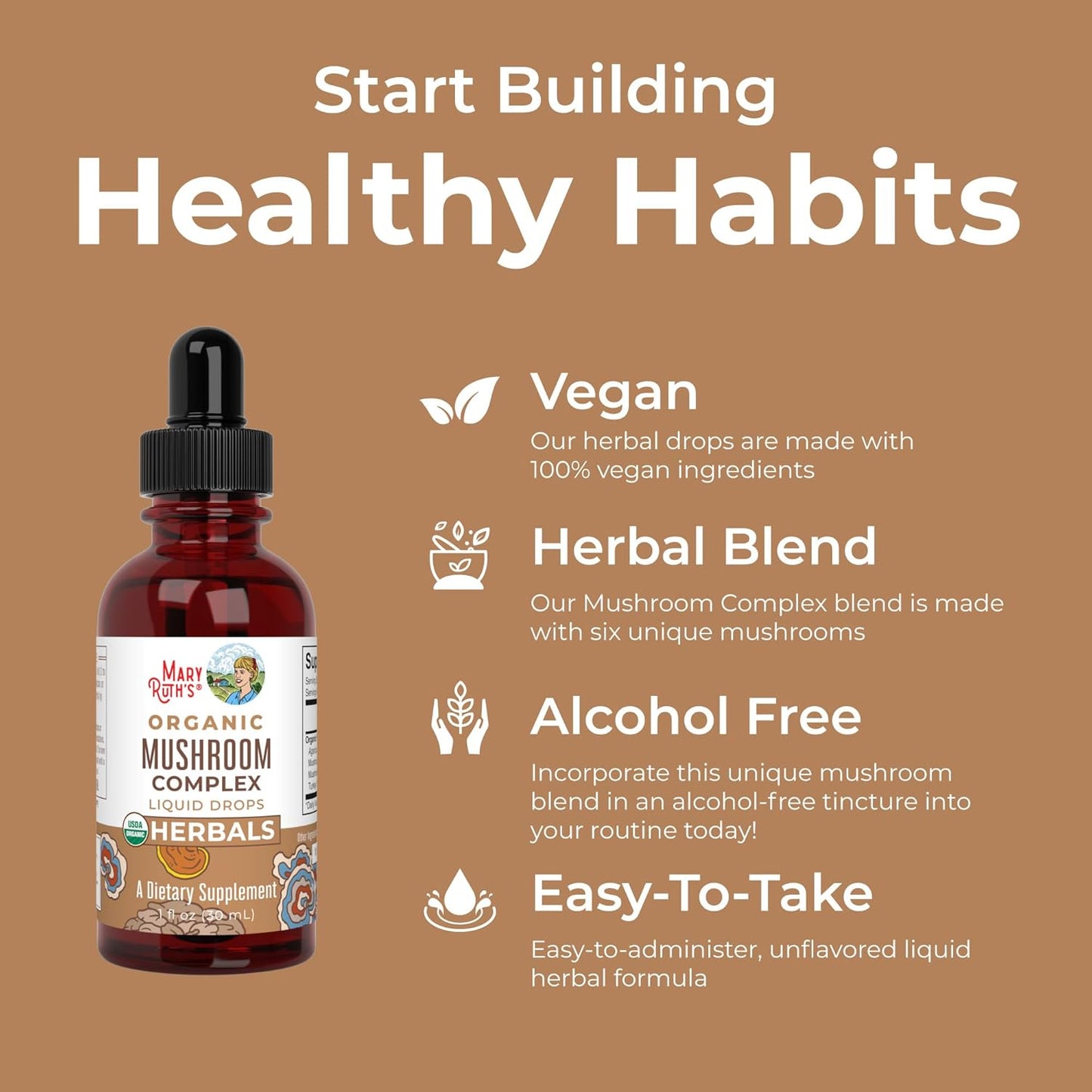Organic Herbal Mushroom Complex Liquid Drops Supplement - Lion's Mane, Reishi, Shiitake - Non-GMO, Vegan, Alcohol-Free Tincture - 30 Servings