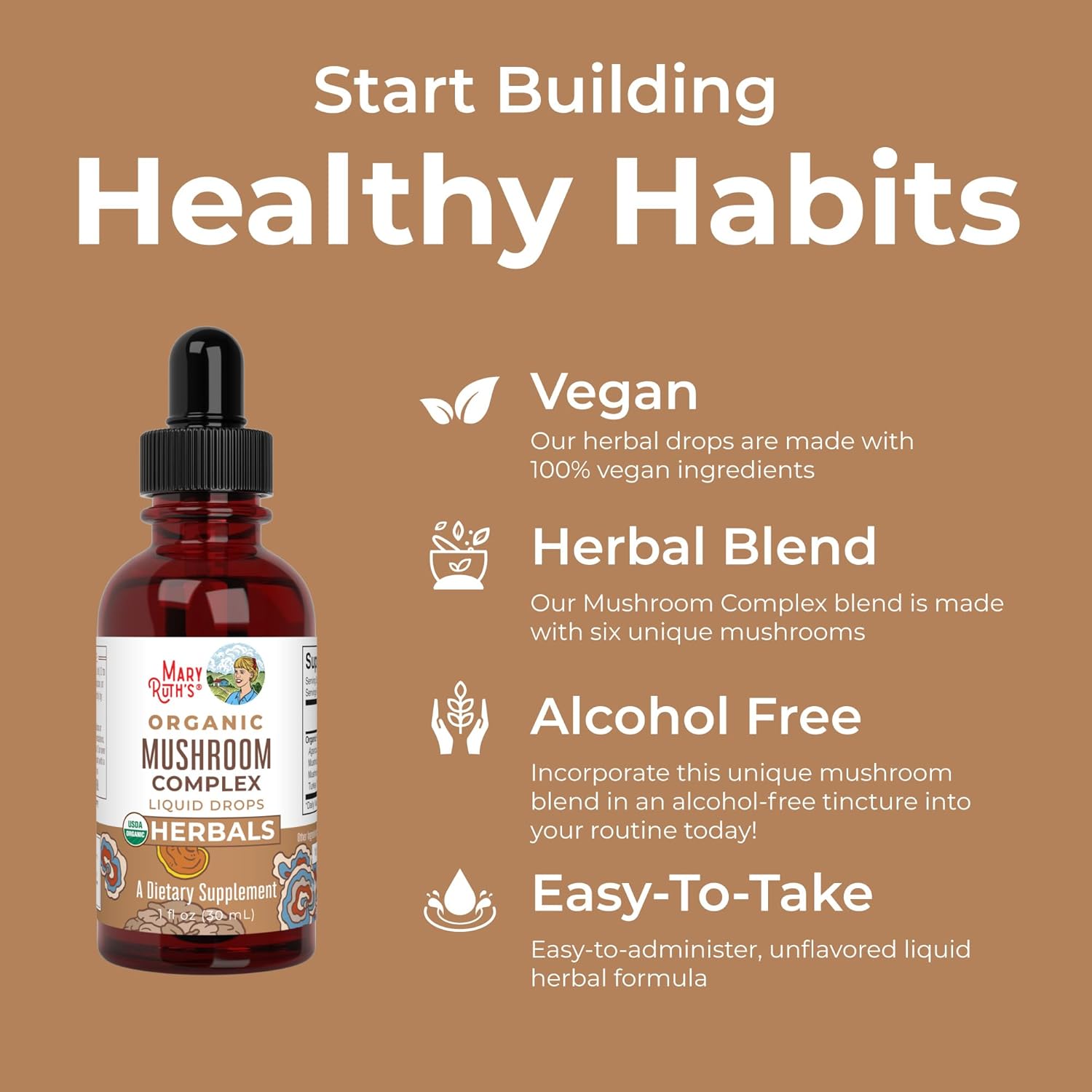 Organic Herbal Mushroom Complex Liquid Drops Supplement - Lion's Mane, Reishi, Shiitake - Non-GMO, Vegan, Alcohol-Free Tincture - 30 Servings
