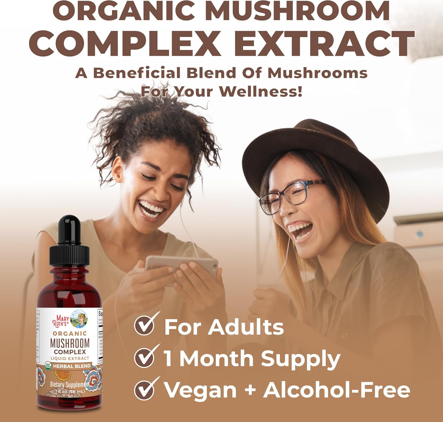 Organic Herbal Mushroom Complex Liquid Drops Supplement - Lion's Mane, Reishi, Shiitake - Non-GMO, Vegan, Alcohol-Free Tincture - 30 Servings