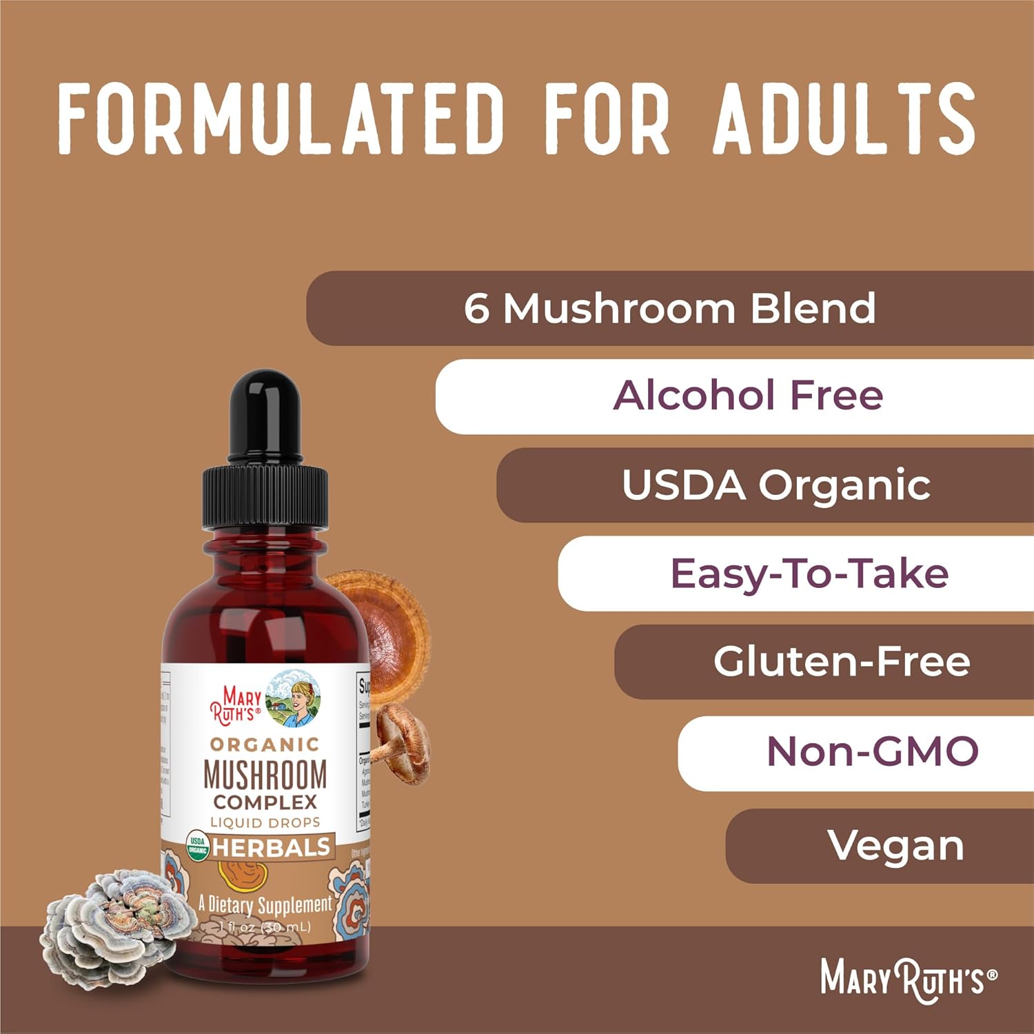 Organic Herbal Mushroom Complex Liquid Drops Supplement - Lion's Mane, Reishi, Shiitake - Non-GMO, Vegan, Alcohol-Free Tincture - 30 Servings