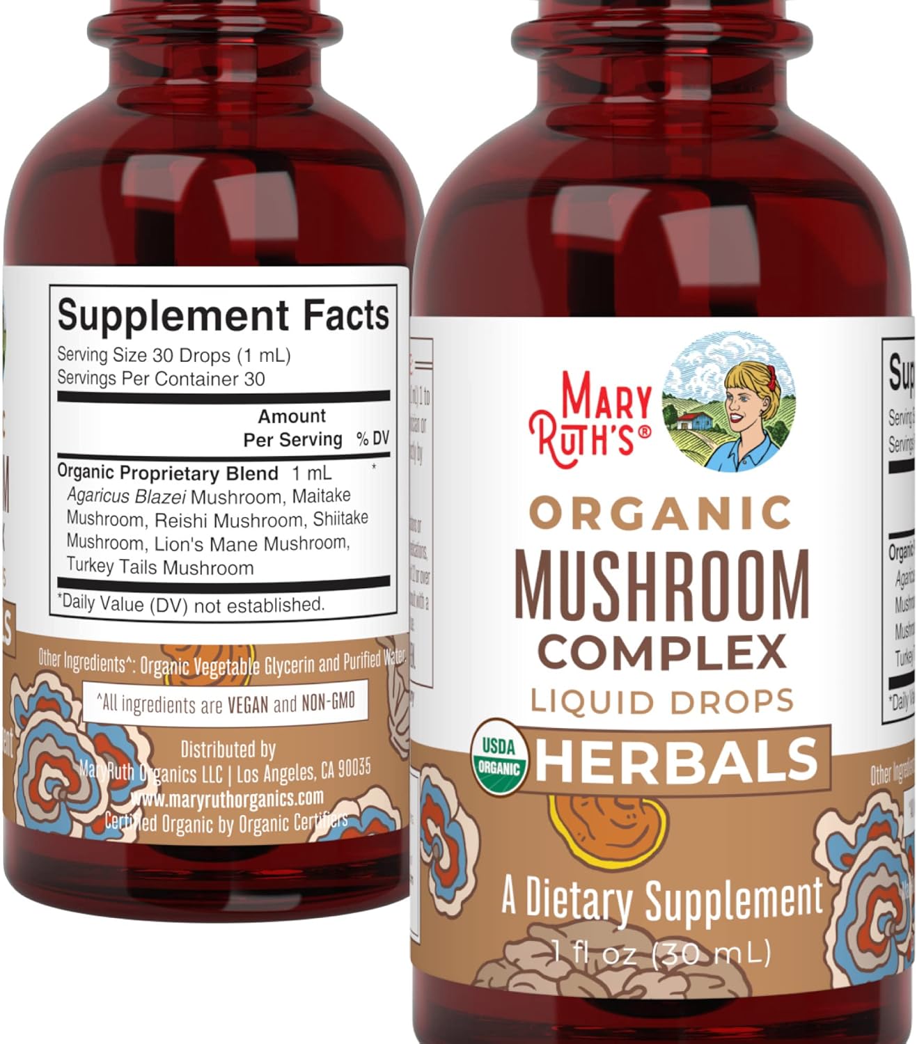 Organic Herbal Mushroom Complex Liquid Drops Supplement - Lion's Mane, Reishi, Shiitake - Non-GMO, Vegan, Alcohol-Free Tincture - 30 Servings