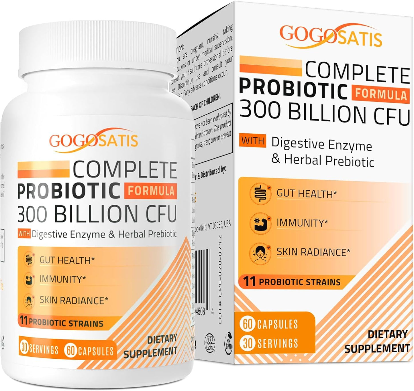 Organic Herbal Probiotics 300 Billion CFU for Digestive Health & Immune Support, 11 Strains + Enzymes, Shelf Stable - 60 Capsules