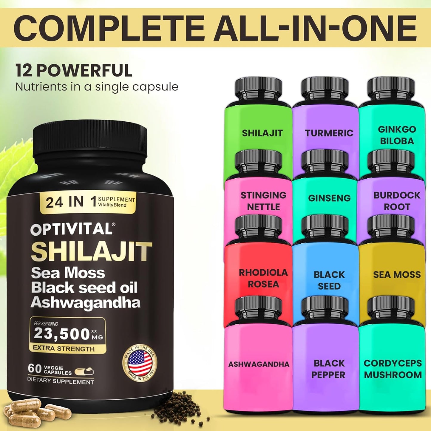 Organic Herbal Supplement with Shilajit, Sea Moss, Black Seed Oil, Ashwagandha, Rhodiola, Burdock, Ginseng, Cordyceps, Biloba, Nettle, and Turmeric (60 Capsules)