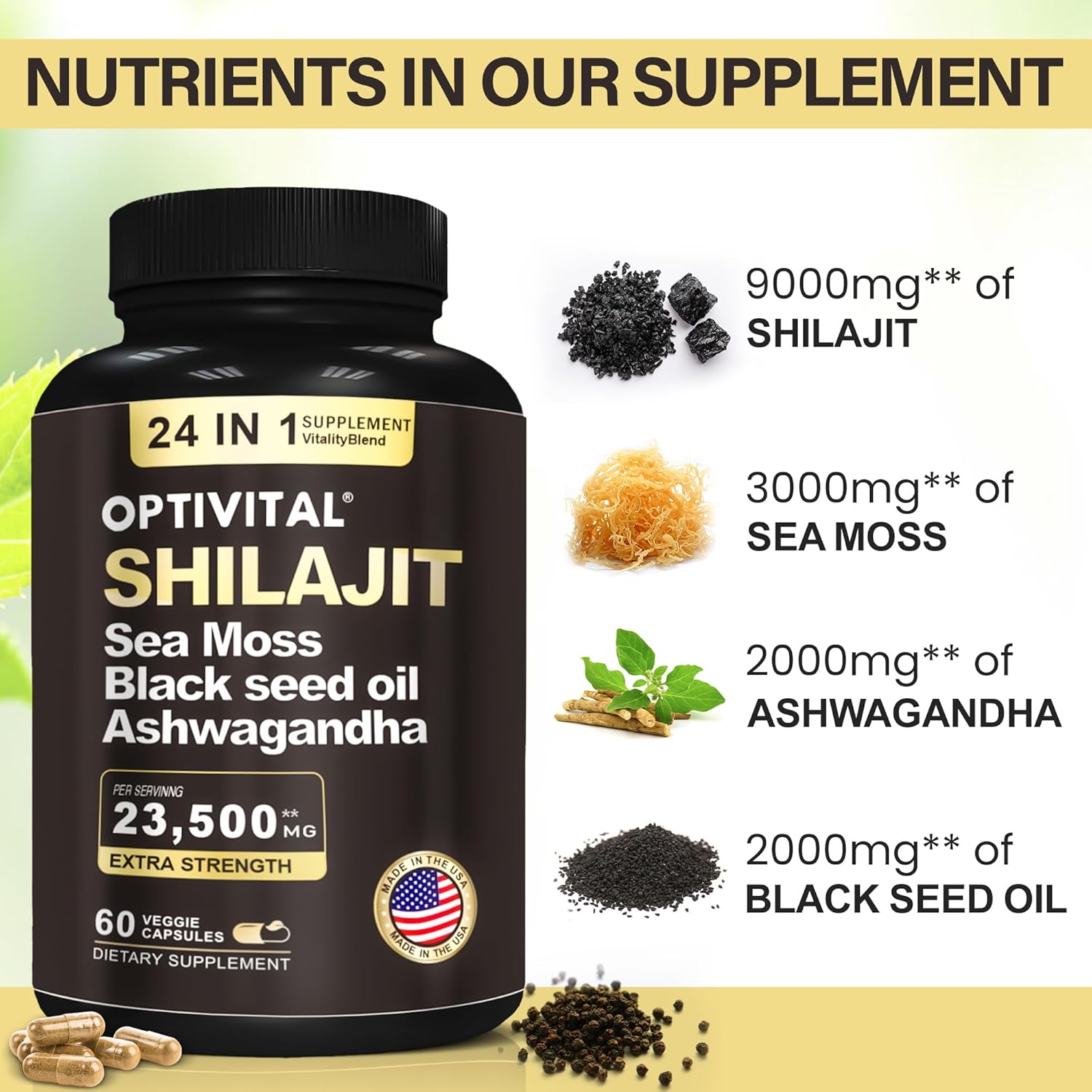 Organic Herbal Supplement with Shilajit, Sea Moss, Black Seed Oil, Ashwagandha, Rhodiola, Burdock, Ginseng, Cordyceps, Biloba, Nettle, and Turmeric (60 Capsules)
