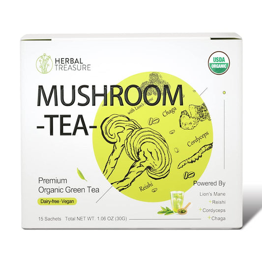 Organic Herbal Treasure Mushroom Green Tea with Lions Mane, Reishi, Cordyceps, Chaga - 15 Bags