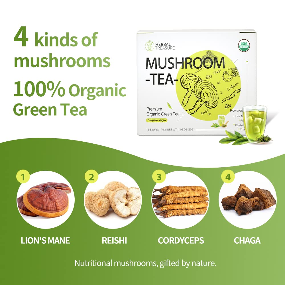Organic Herbal Treasure Mushroom Green Tea with Lions Mane, Reishi, Cordyceps, Chaga - 15 Bags