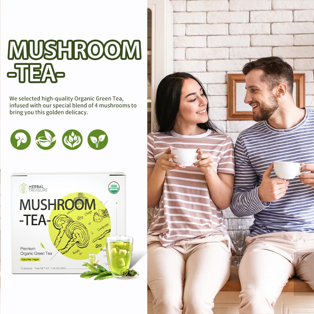 Organic Herbal Treasure Mushroom Green Tea with Lions Mane, Reishi, Cordyceps, Chaga - 15 Bags