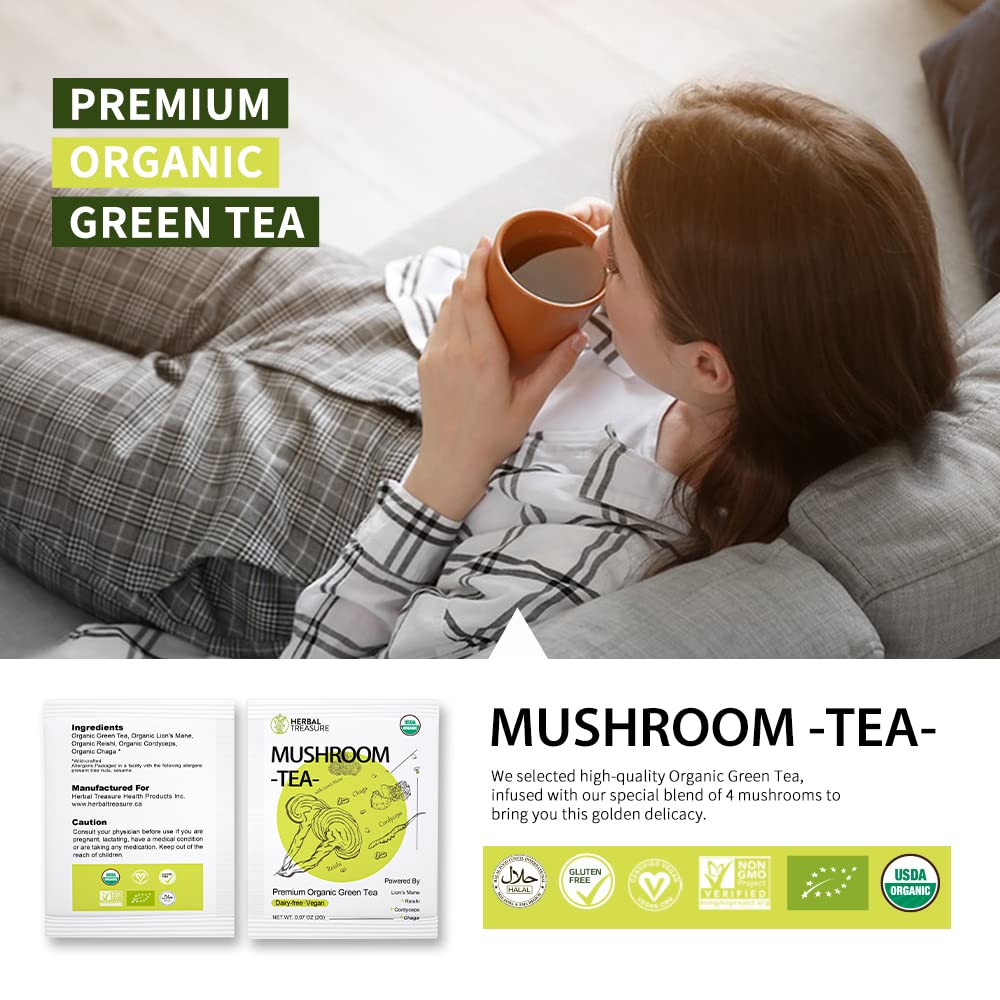 Organic Herbal Treasure Mushroom Green Tea with Lions Mane, Reishi, Cordyceps, Chaga - 15 Bags