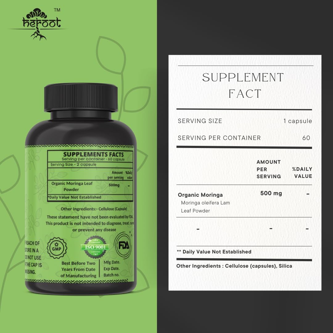 Organic Heroot Moringa Capsules - Green Superfood Supplement for Energy, Metabolism, and Immune Support (120 Capsules)