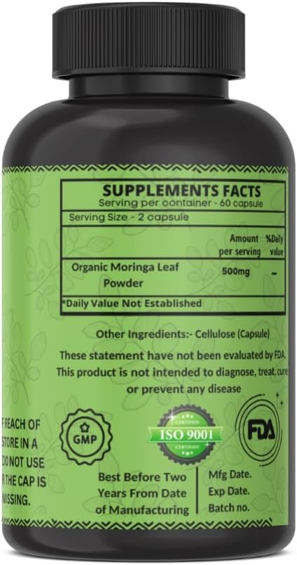 Organic Heroot Moringa Capsules - Green Superfood Supplement for Energy, Metabolism, and Immune Support (120 Capsules)