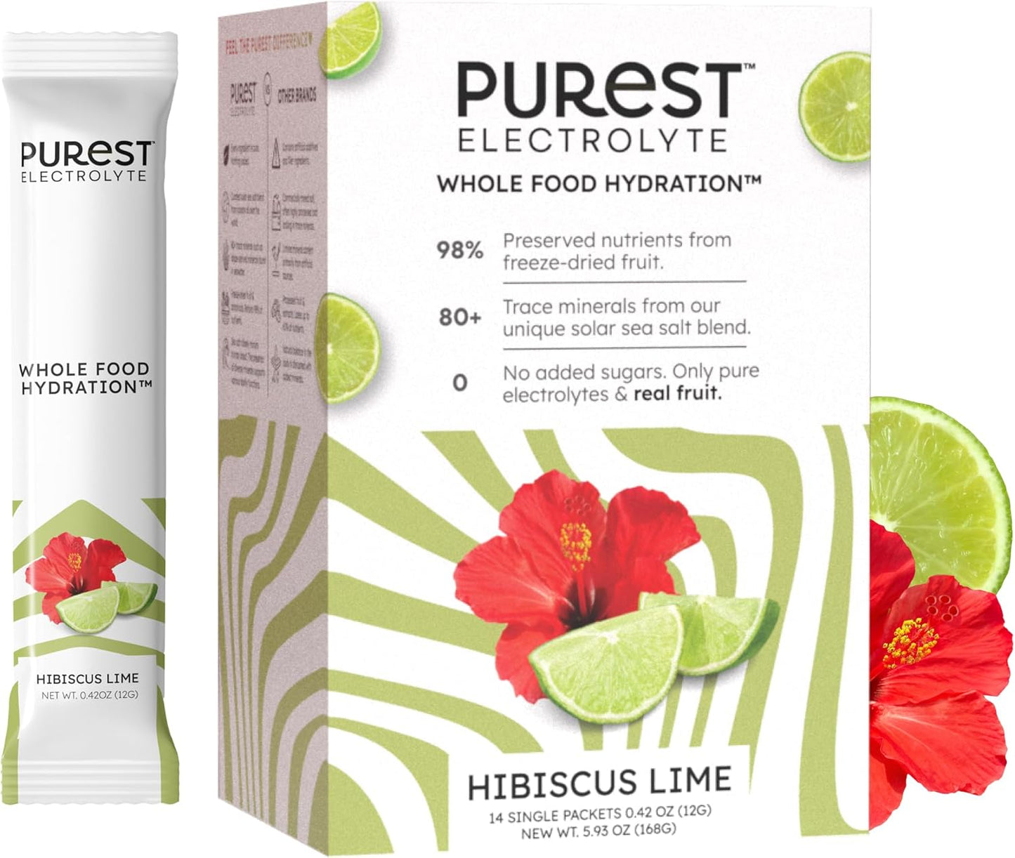 Organic Hibiscus Lime Electrolyte Powder Packets for Ultimate Hydration - Whole Food Formula with Solar Sea Salts