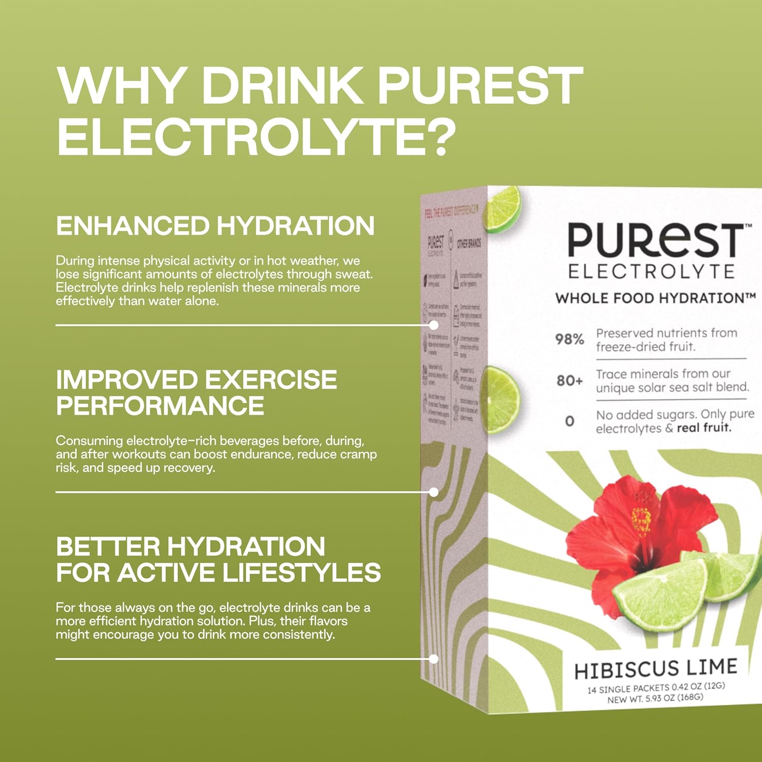 Organic Hibiscus Lime Electrolyte Powder Packets for Ultimate Hydration - Whole Food Formula with Solar Sea Salts