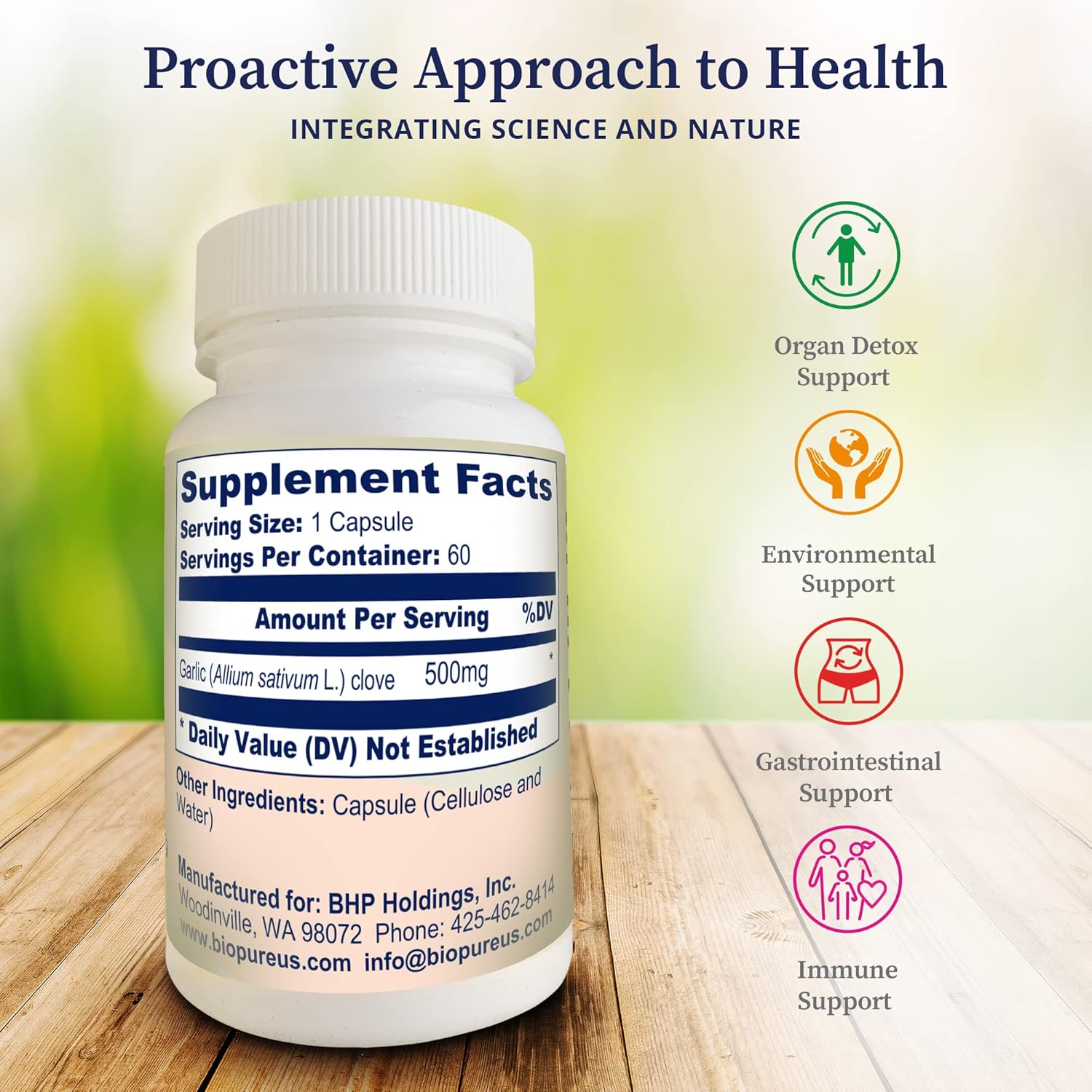Organic High Allicin Garlic Supplement for Immune Support, Detox, Gut Health - 60 Capsules with Trace Minerals, Vitamins, Amino Acids, Enzymes - BioPure Formula for Overall Wellness