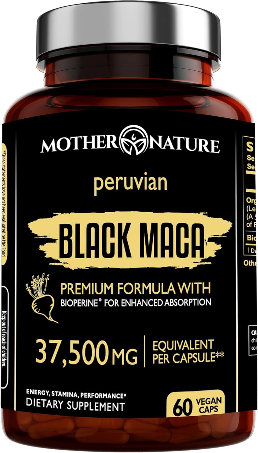 Organic High-Potency Peruvian Black Maca Root Capsules - 50x Strength for Men - Boost Stamina, Energy, Muscle Gain - 60ct