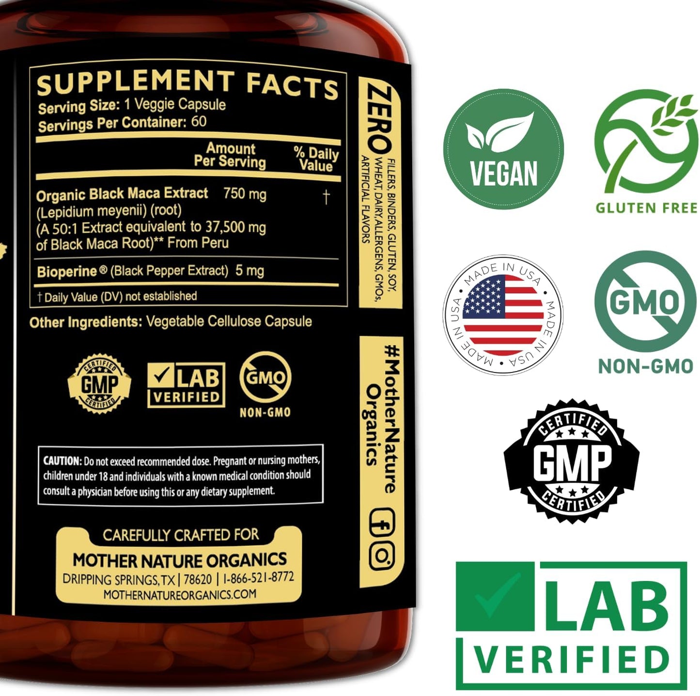 Organic High-Potency Peruvian Black Maca Root Capsules - 50x Strength for Men - Boost Stamina, Energy, Muscle Gain - 60ct