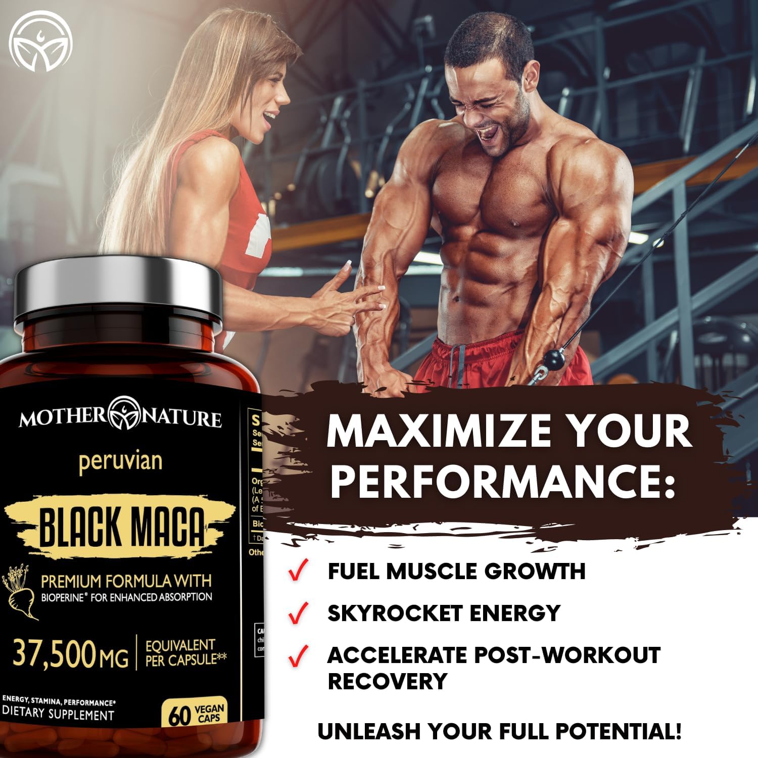 Organic High-Potency Peruvian Black Maca Root Capsules - 50x Strength for Men - Boost Stamina, Energy, Muscle Gain - 60ct