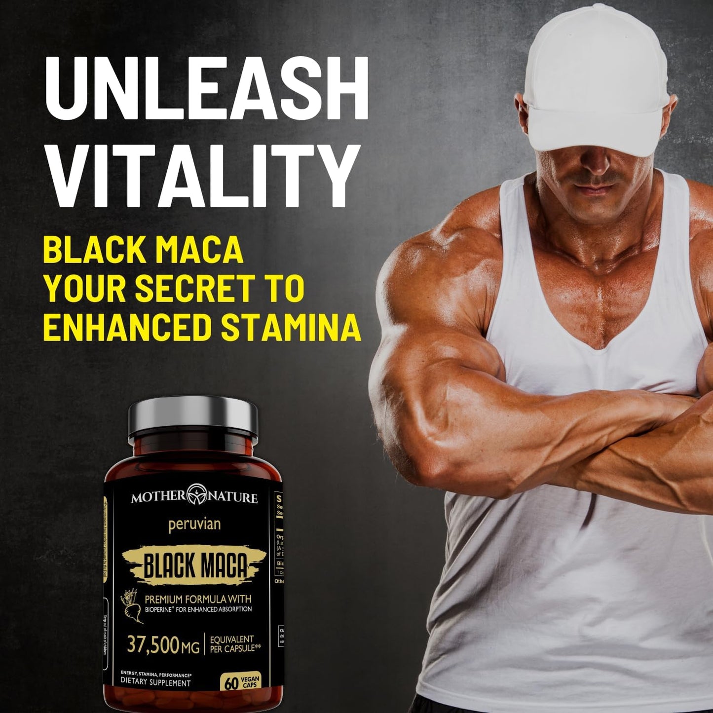 Organic High-Potency Peruvian Black Maca Root Capsules - 50x Strength for Men - Boost Stamina, Energy, Muscle Gain - 60ct