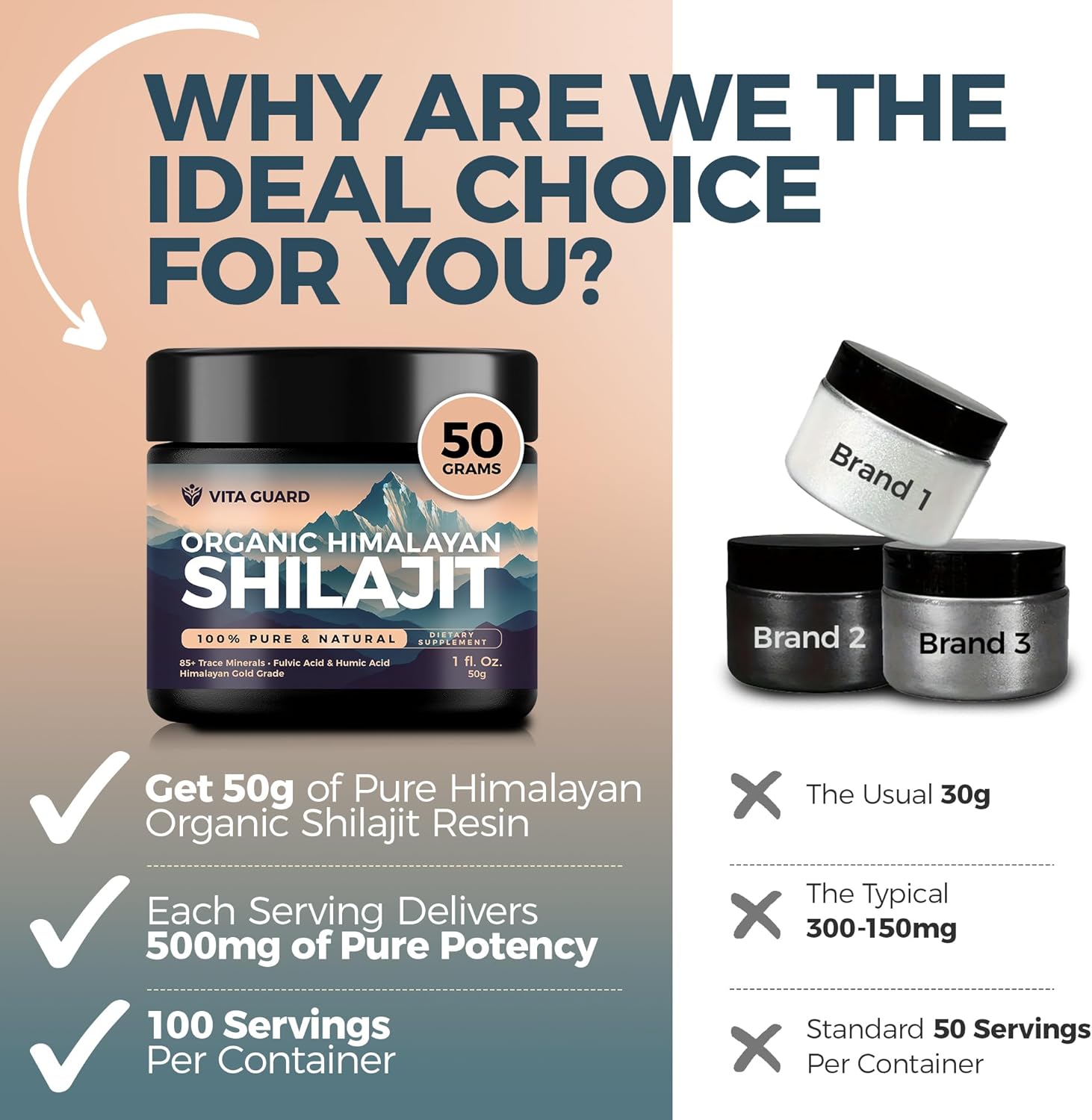 Organic Himalayan Shilajit Resin Supplement - 500mg Pure Shilajit with 85+ Humic Acid for Metabolism & Immune Support - 100 Servings, 50g