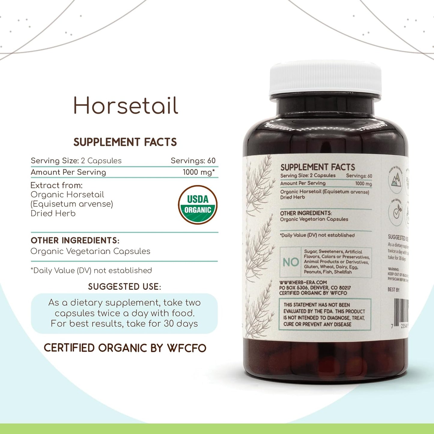 Organic Horsetail Capsules - 120 Count | USDA Certified Herbal Supplement | Vegetarian Capsules with Organic Equisetum arvense