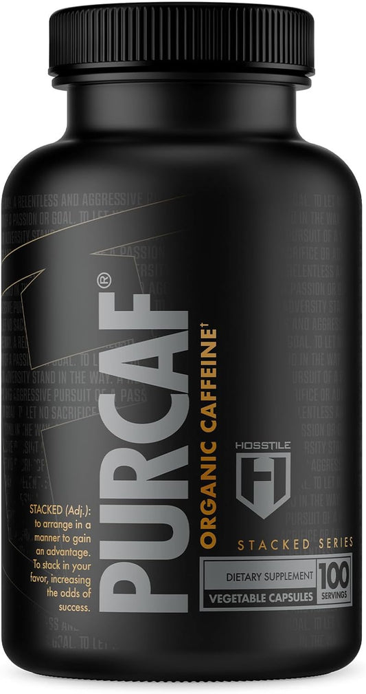 Organic HOSSTILE PurCaf Caffeine Capsules - 200mg Per Serving, Energy Supplement for Focus, No Jitters - 100 Pills