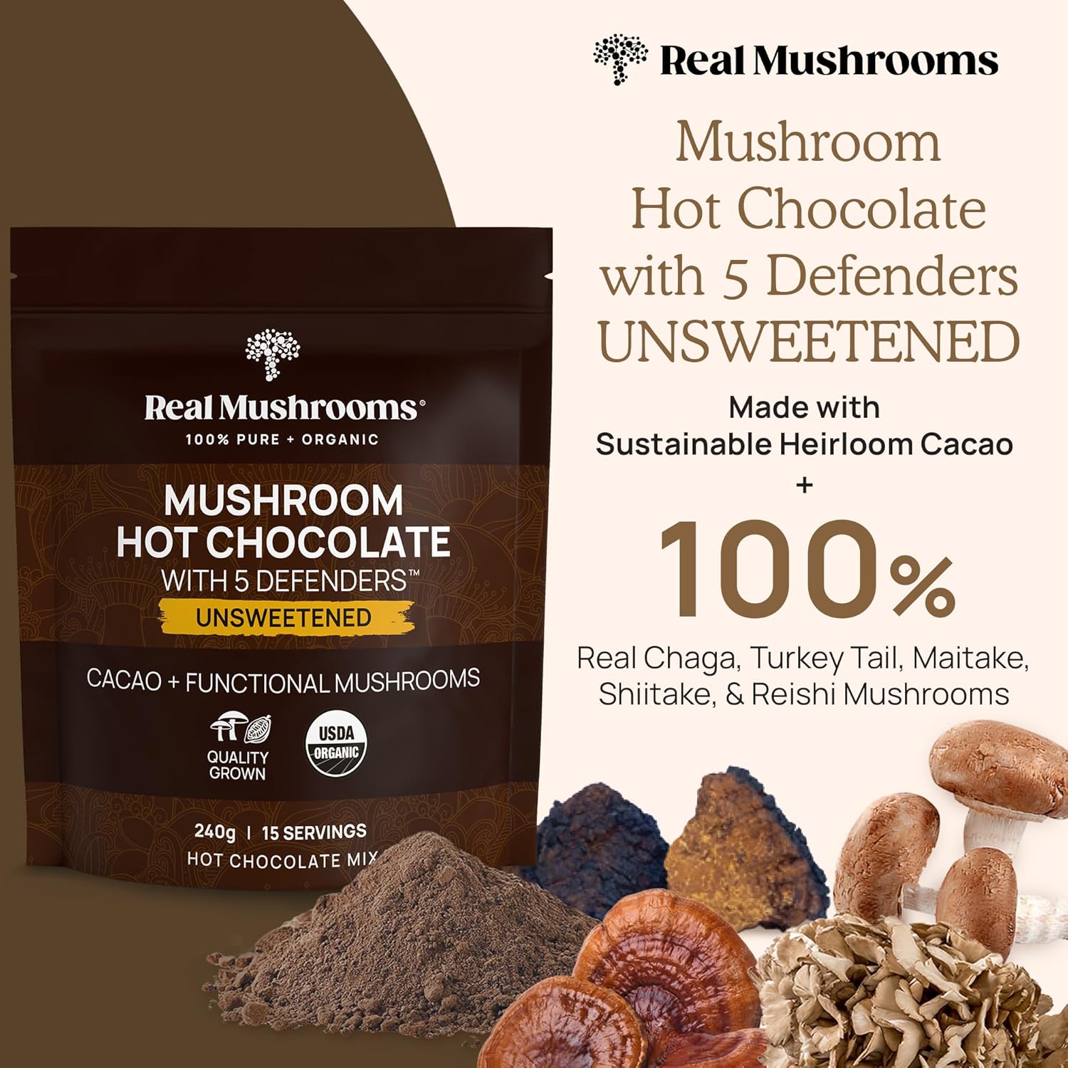 Organic Hot Chocolate Mix with 5 Mushroom Defenders - Vegan Cacao Powder Supplement