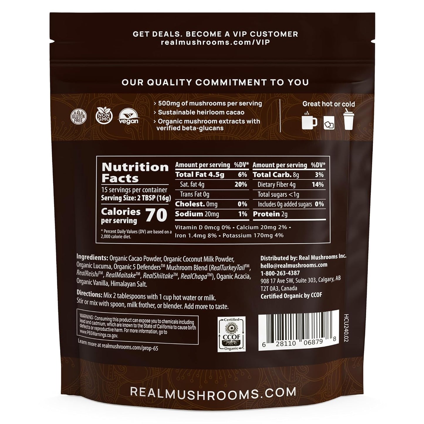Organic Hot Chocolate Mix with 5 Mushroom Defenders - Vegan Cacao Powder Supplement