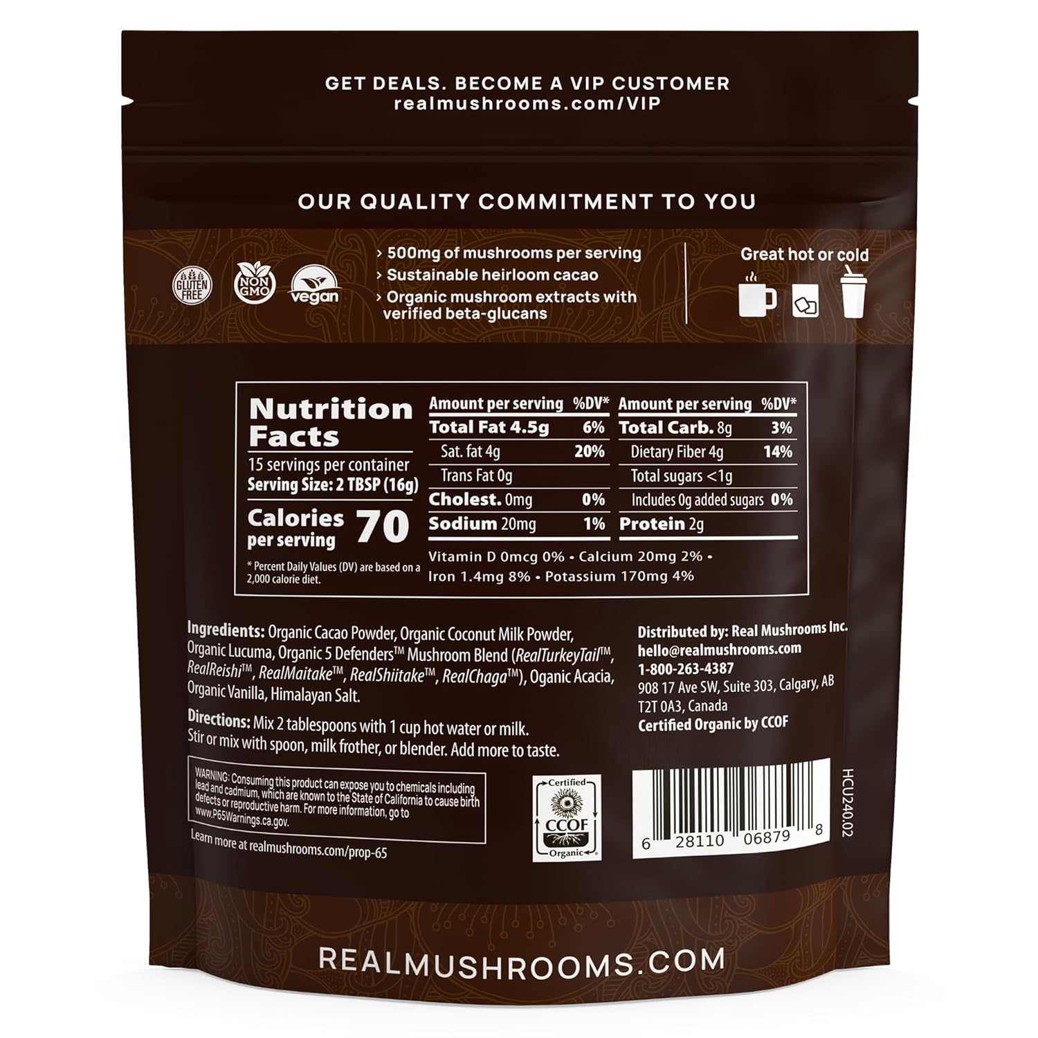Organic Hot Chocolate Mix with 5 Mushroom Defenders - Vegan Cacao Powder Supplement