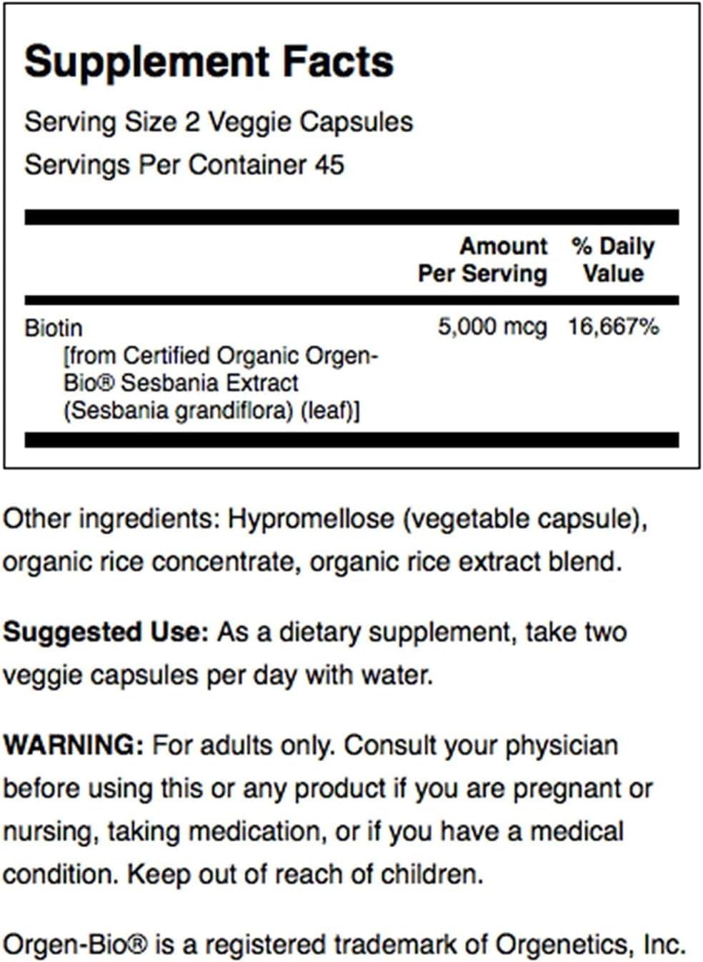 Organic Hummingbird Tree Biotin Vitamin B7 Capsules - 5000mcg, 90 Count - Vegan, Gluten-Free, Non-GMO - Hair, Skin, Nail and Metabolism Support