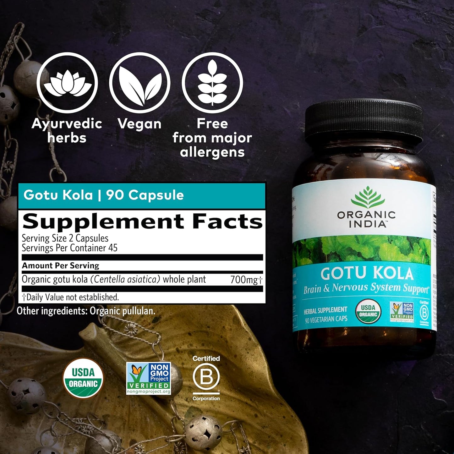 Organic India Gotu Kola Capsules - Herbal Adaptogen for Brain & Nervous System Support - USDA Certified Organic - Vegan & Gluten-Free - 90 Count
