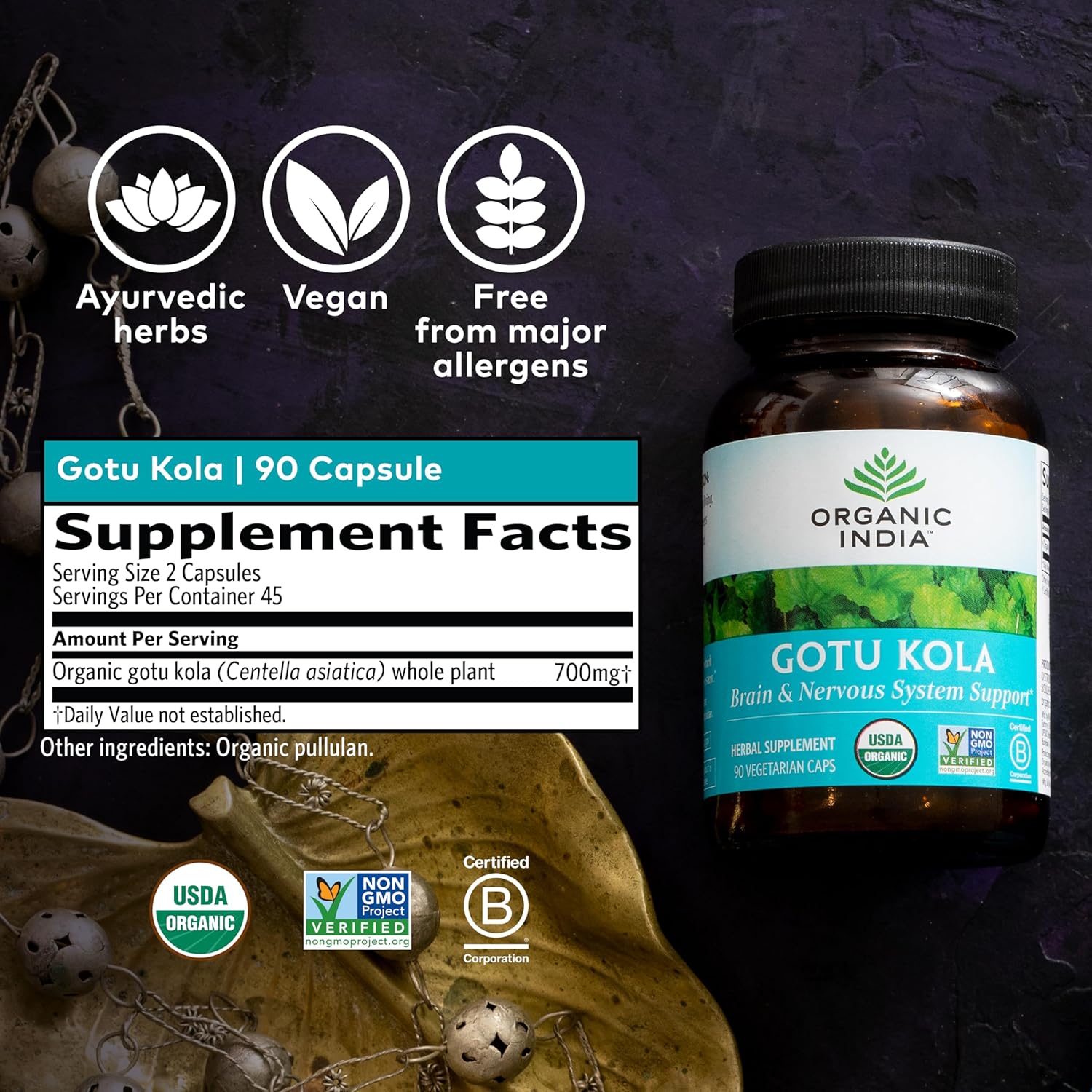 Organic India Gotu Kola Capsules - Herbal Adaptogen for Brain & Nervous System Support - USDA Certified Organic - Vegan & Gluten-Free - 90 Count