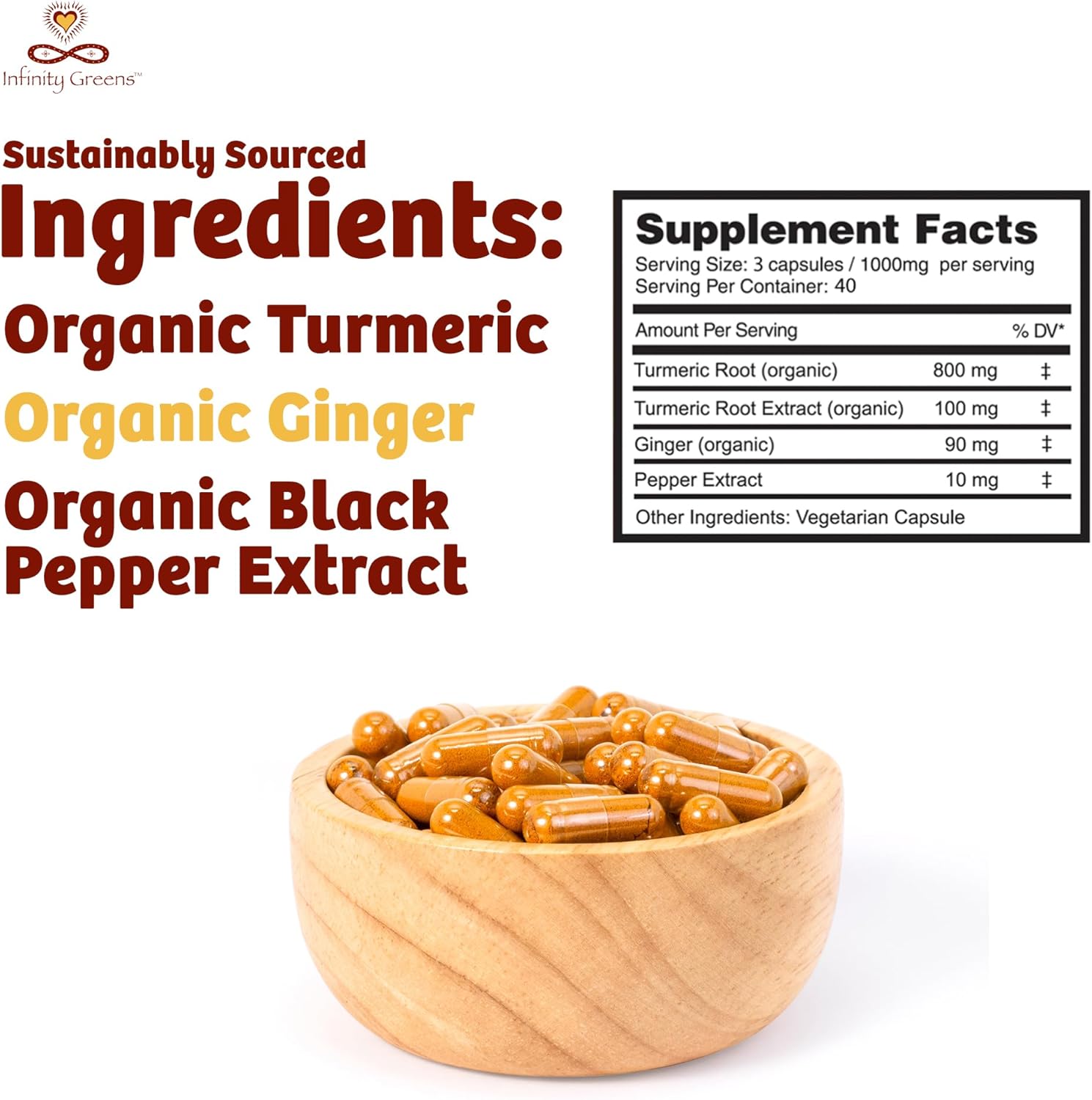 Organic Infinity Greens Turmeric Capsules with High Potency Curcumin, Black Pepper, and Ginger - Raw, Vegan, Gluten Free