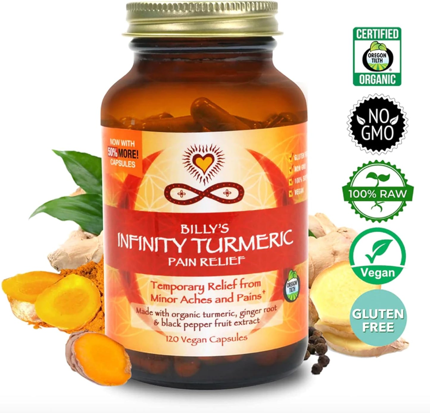 Organic Infinity Greens Turmeric Capsules with High Potency Curcumin, Black Pepper, and Ginger - Raw, Vegan, Gluten Free