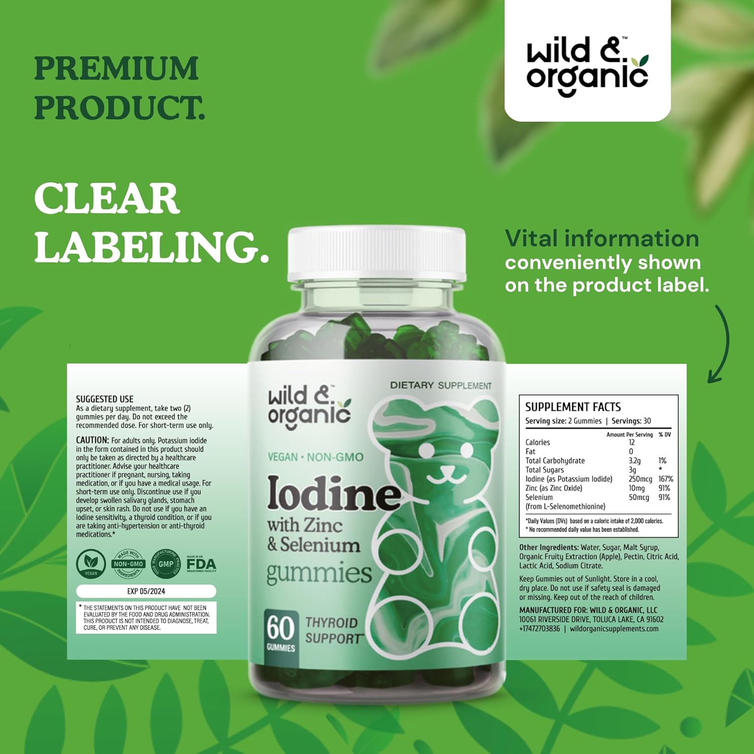 Organic Iodine Gummies with Immune Support Complex - Selenium, Zinc, and Potassium Iodide Supplement - Vegan 60ct Pectin Gummies