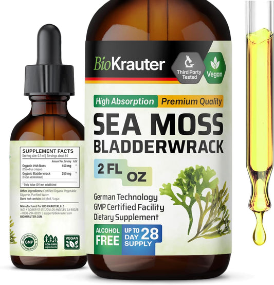 Organic Irish Sea Moss and Bladderwrack Drops - Iodine-Rich Sea Moss Supplement - Alcohol and Sugar Free - 2 Fl.Oz. Bottle