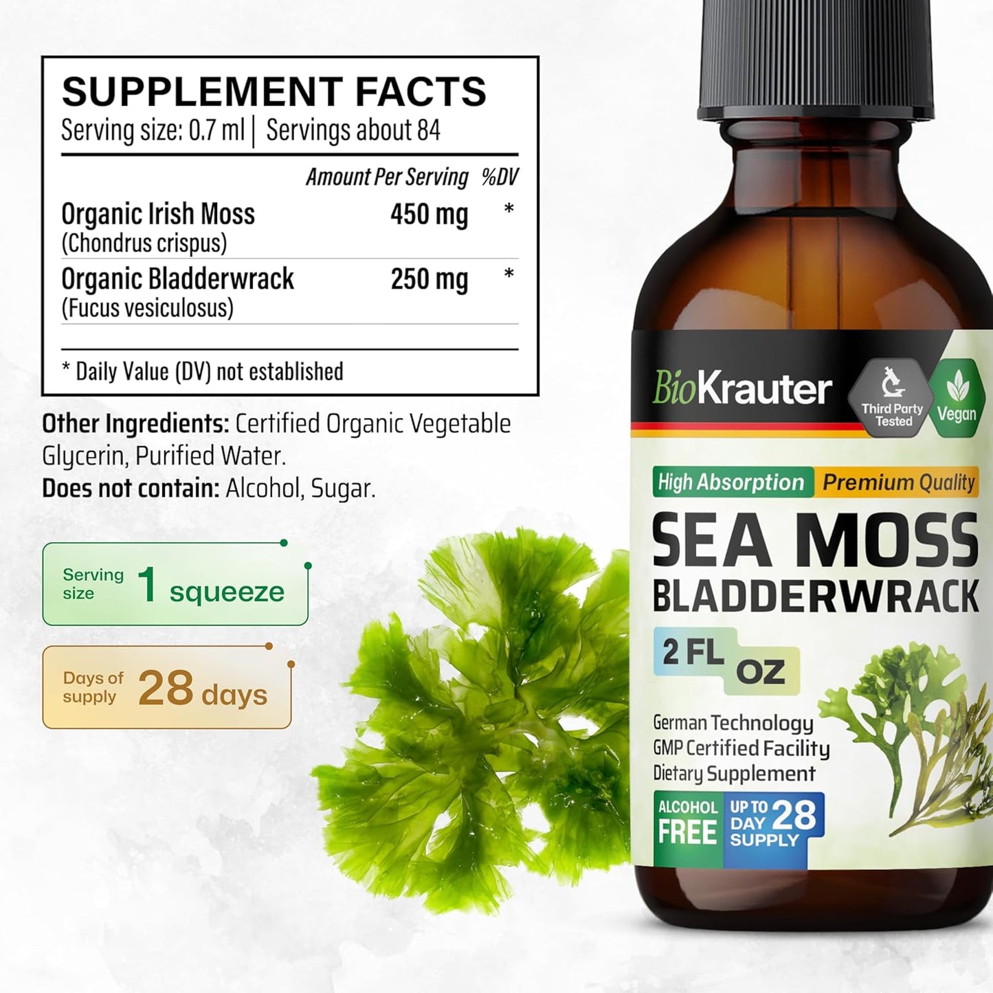 Organic Irish Sea Moss and Bladderwrack Drops - Iodine-Rich Sea Moss Supplement - Alcohol and Sugar Free - 2 Fl.Oz. Bottle
