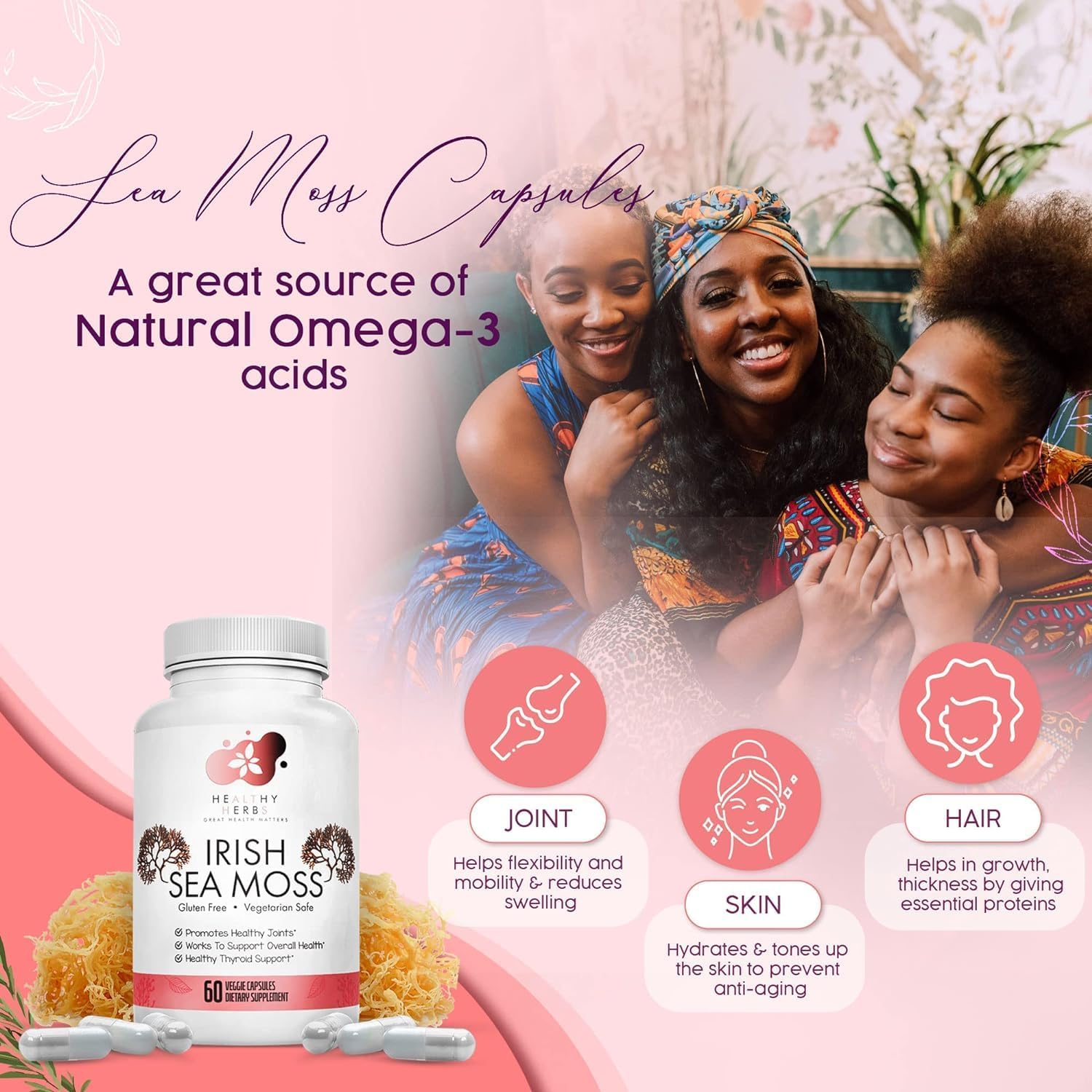 Organic Irish Sea Moss Capsules - Vegan, Non-GMO, US-Made Seamoss Pills | Rich in Essential Vitamins & Minerals | Wild-Harvested Superfood (3-Pack)