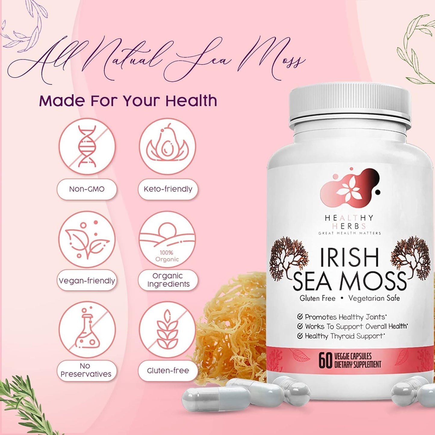 Organic Irish Sea Moss Capsules - Vegan, Non-GMO, US-Made Seamoss Pills | Rich in Essential Vitamins & Minerals | Wild-Harvested Superfood (3-Pack)