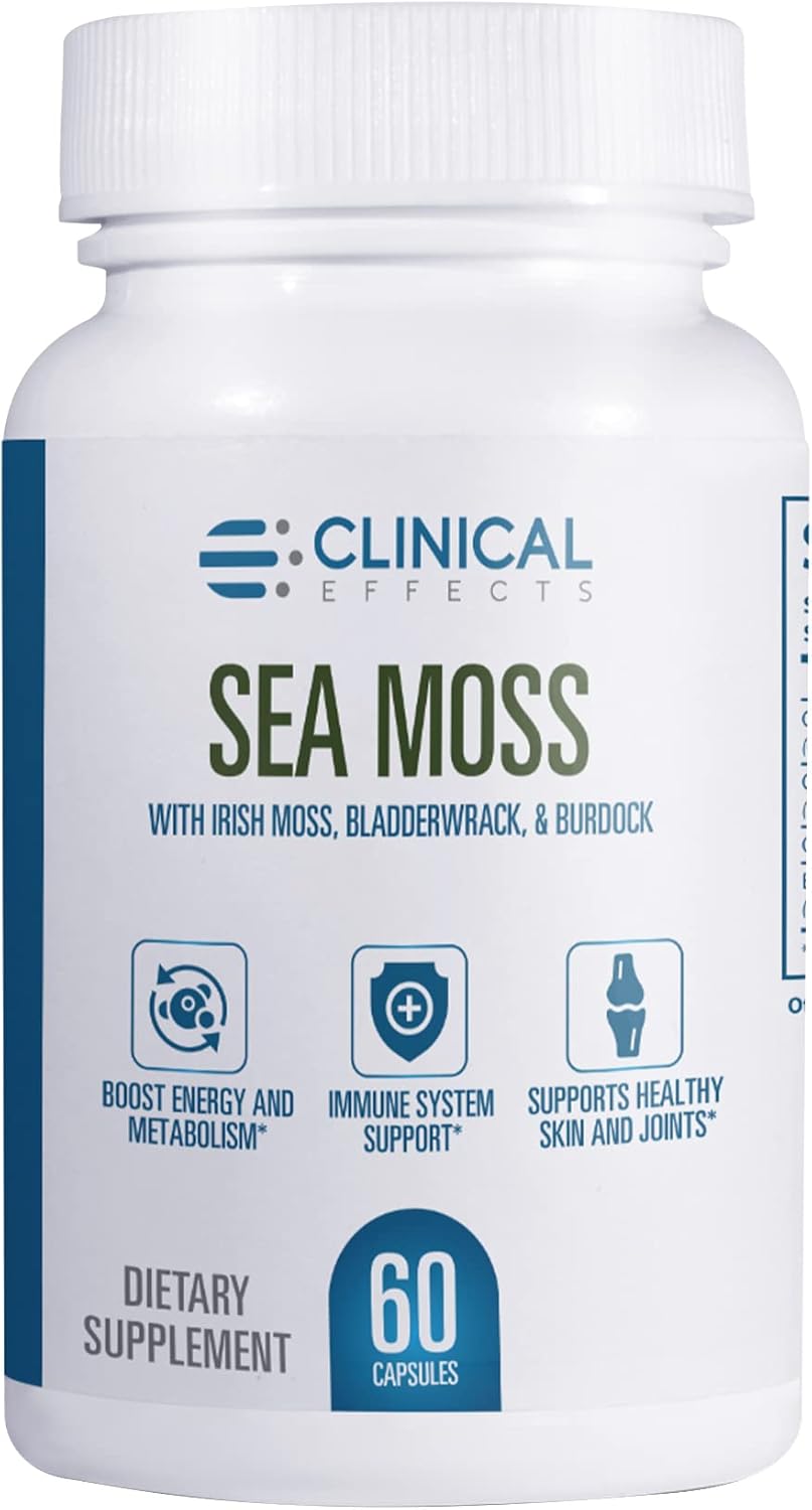 Organic Irish Sea Moss Capsules with Bladderwrack, Burdock Root, Bioperine - Thyroid & Heart Health Support - Made in USA - 60ct