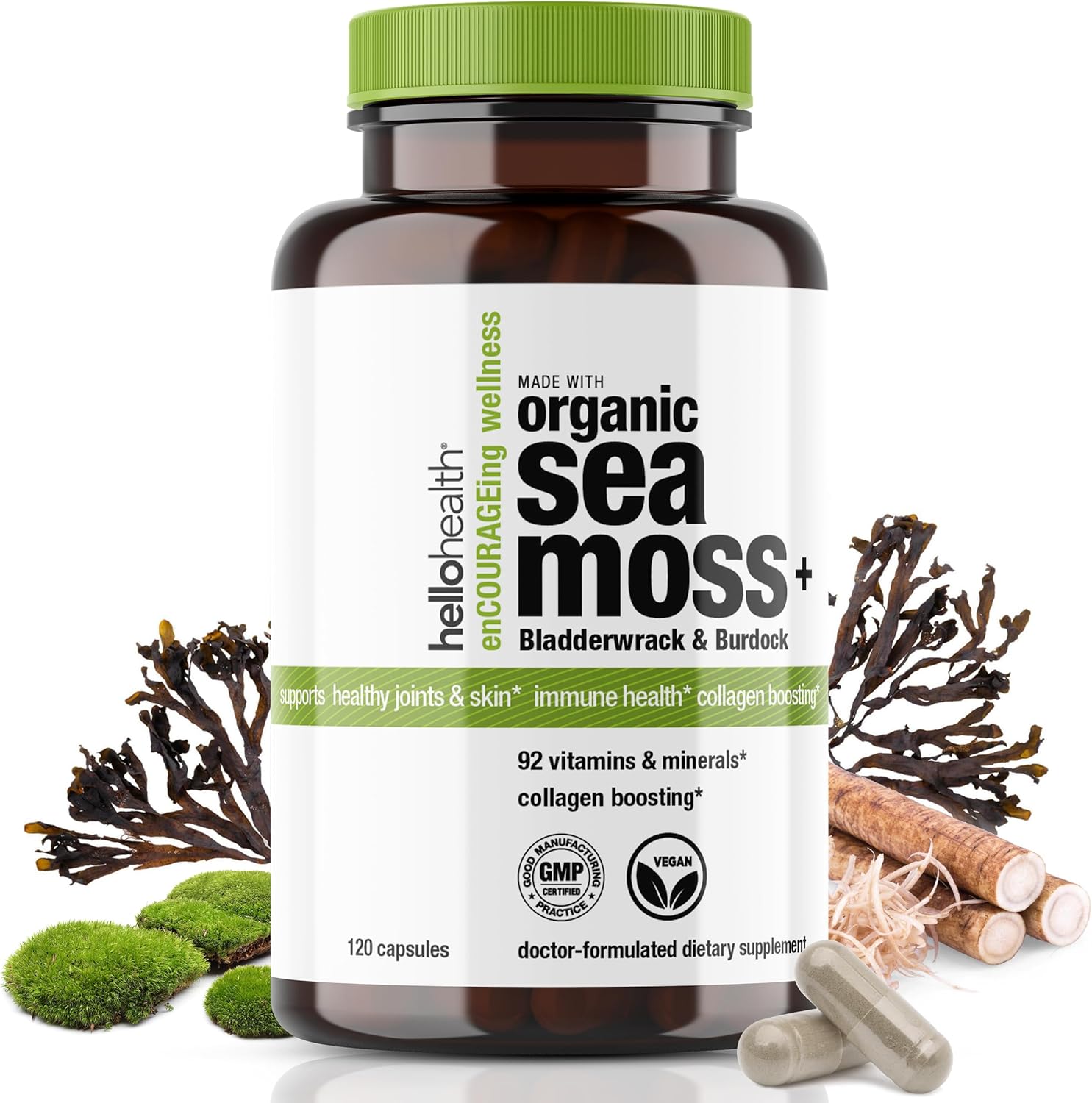 Organic Irish Sea Moss Capsules with Burdock Root & Bladderwrack: Immune, Thyroid, Energy, Gut, Skin, Joint Health (240 Caps)