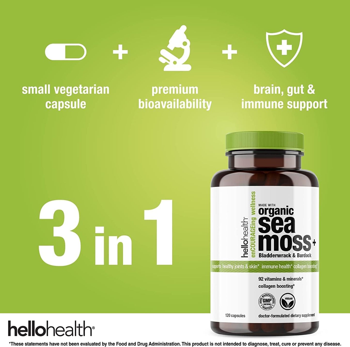 Organic Irish Sea Moss Capsules with Burdock Root & Bladderwrack: Immune, Thyroid, Energy, Gut, Skin, Joint Health (240 Caps)