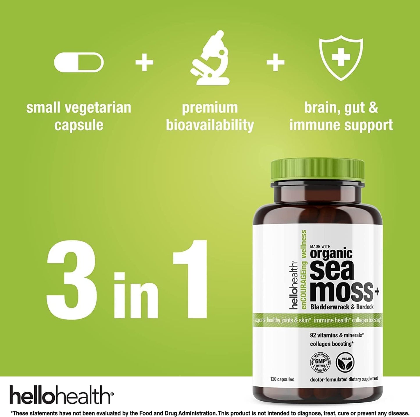 Organic Irish Sea Moss Capsules with Burdock Root & Bladderwrack for Immune & Thyroid Support, Energy Boost, Gut Health, Skin & Joint Health - 120 Capsules (4 Pack)