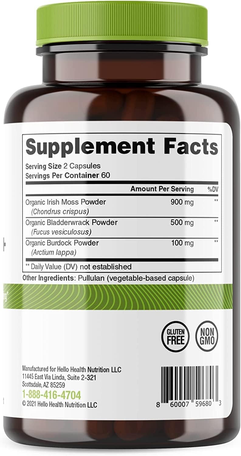 Organic Irish Sea Moss Capsules with Burdock Root & Bladderwrack: Immune, Thyroid, Energy, Gut, Skin, Joint Health (240 Caps)