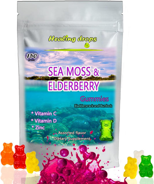 Organic Irish Sea Moss Gummies with Bladderwrack & Burdock Root - Alkaline Keto Vegan Diet Supplement for Skin Detox - Elderberry Mix