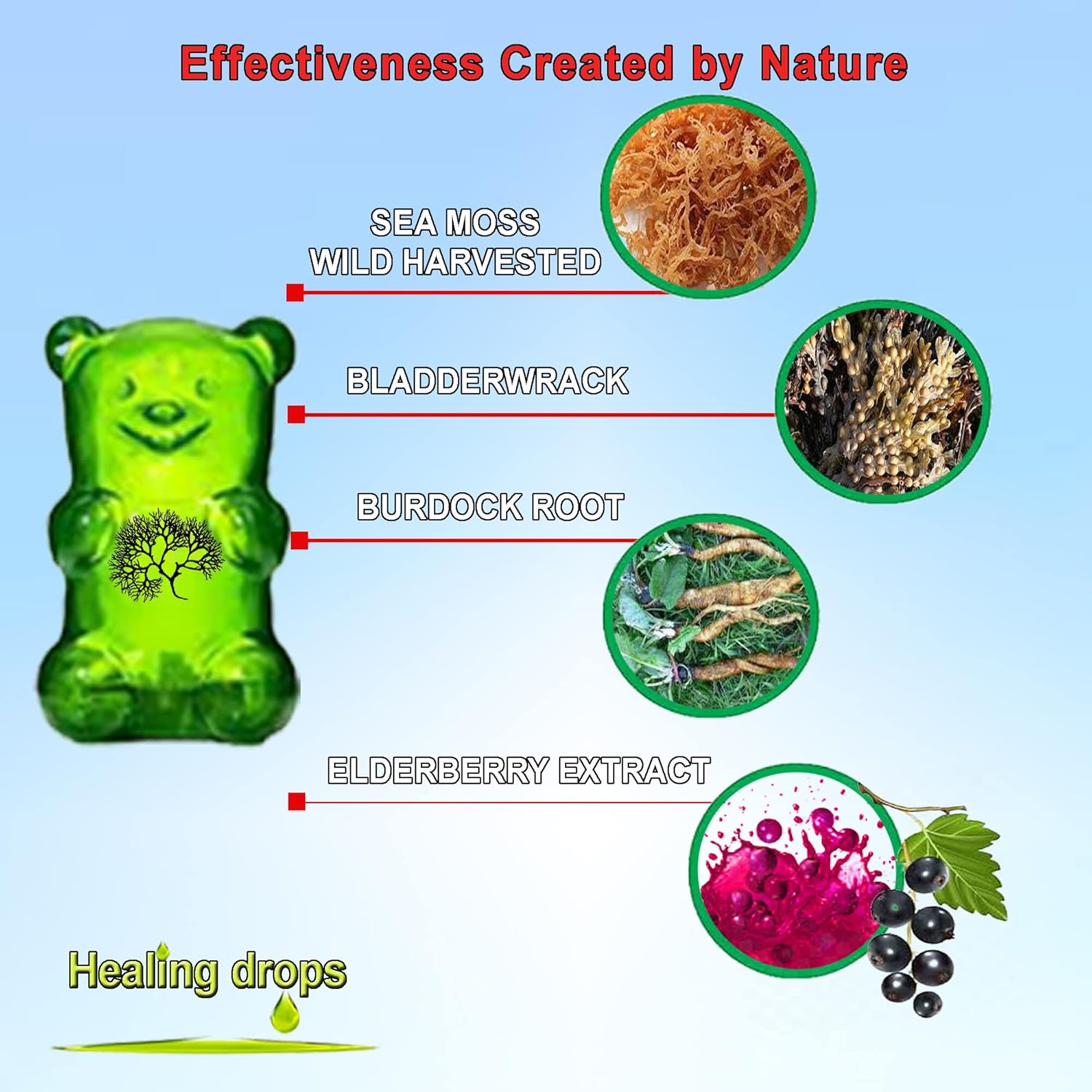 Organic Irish Sea Moss Gummies with Bladderwrack & Burdock Root - Alkaline Keto Vegan Diet Supplement for Skin Detox - Elderberry Mix