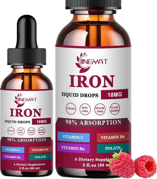 Organic Iron Drops Supplement with Vitamin C for Energy & Blood Support - 18mg Liquid Iron with Folate & B Vitamins - Raspberry Flavor - Men, Women, Kids