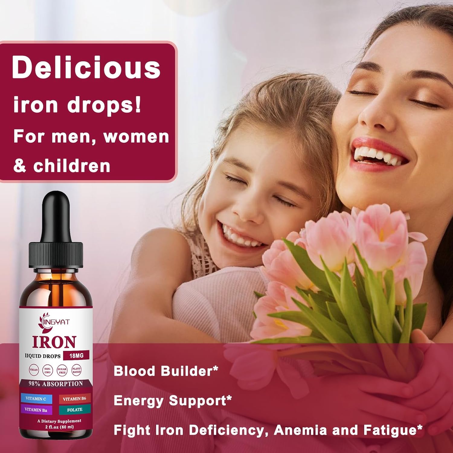 Organic Iron Drops Supplement with Vitamin C for Energy & Blood Support - 18mg Liquid Iron with Folate & B Vitamins - Raspberry Flavor - Men, Women, Kids