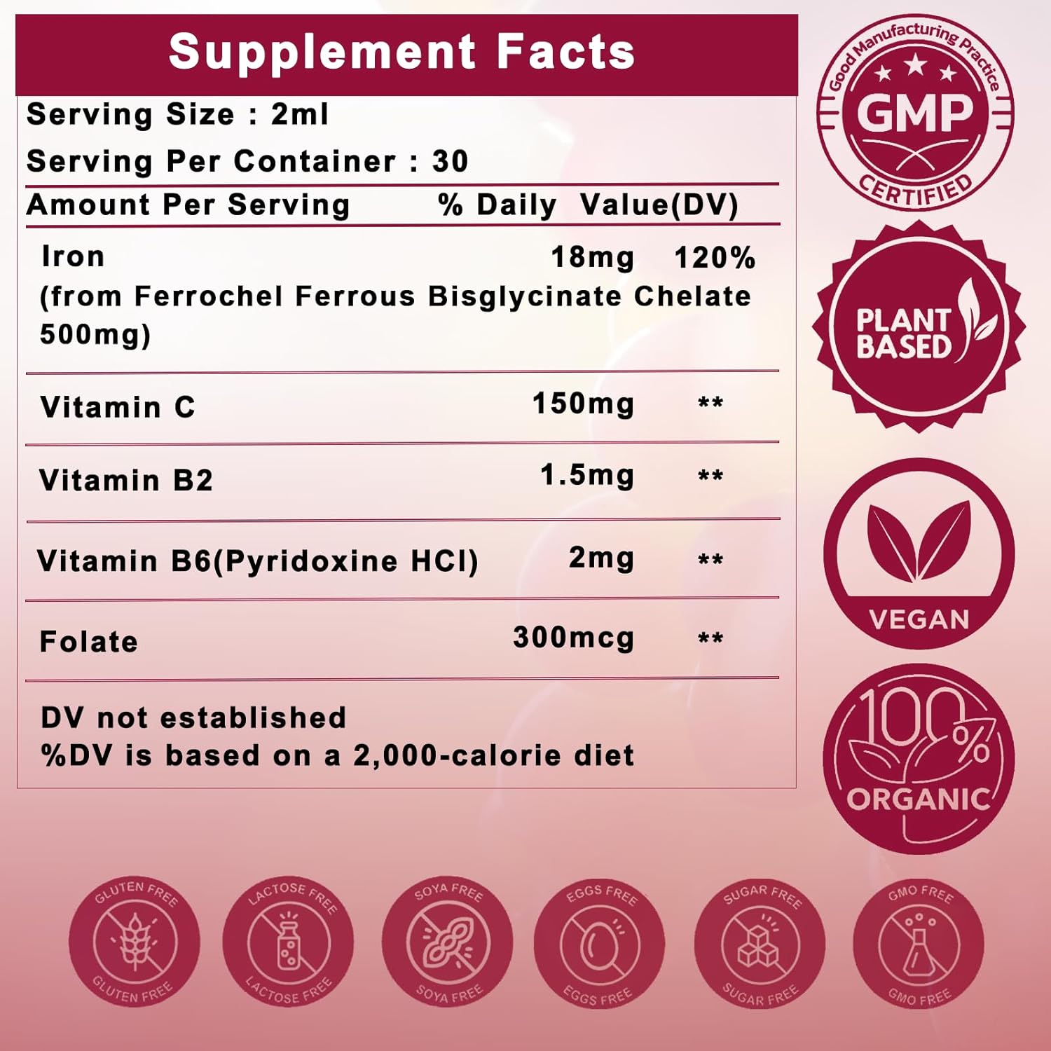 Organic Iron Drops Supplement with Vitamin C for Energy & Blood Support - 18mg Liquid Iron with Folate & B Vitamins - Raspberry Flavor - Men, Women, Kids