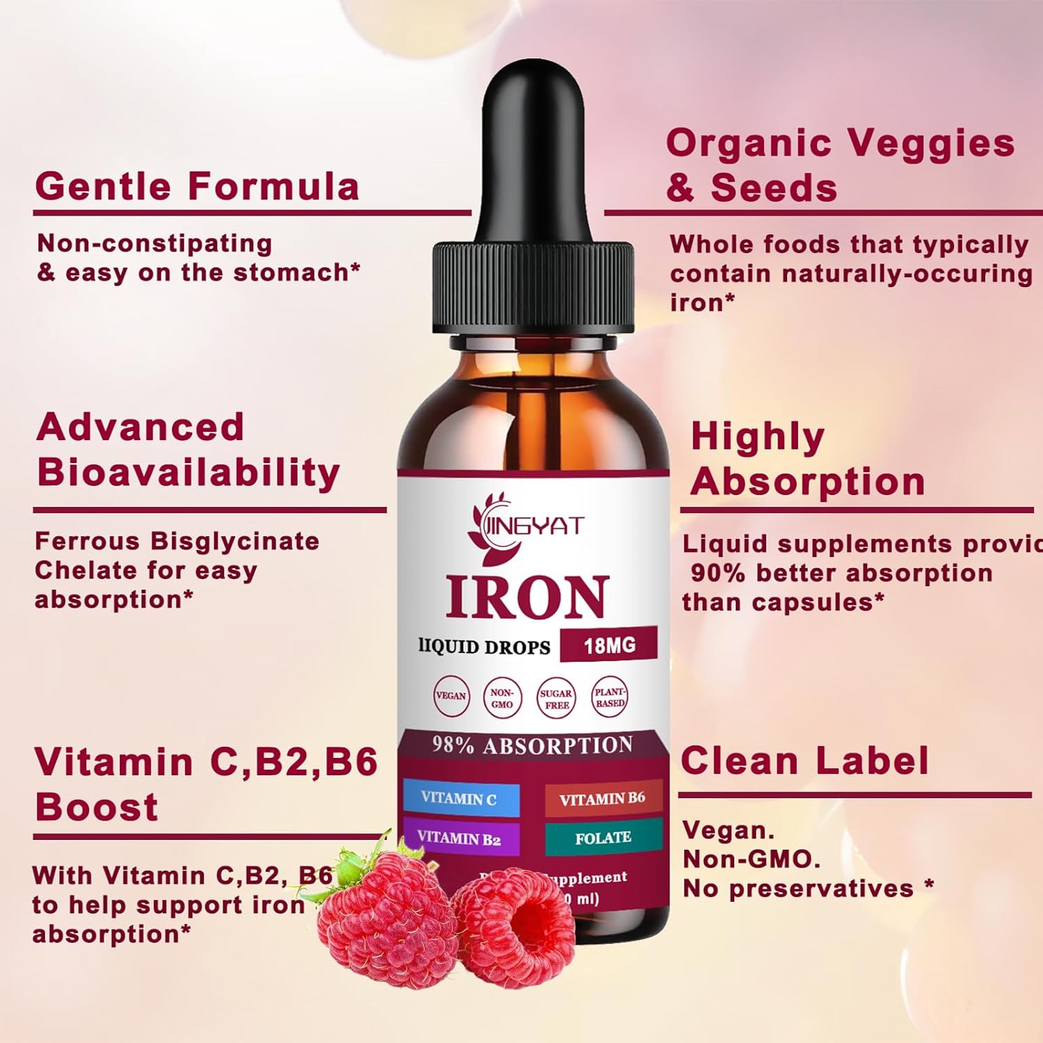 Organic Iron Drops Supplement with Vitamin C for Energy & Blood Support - 18mg Liquid Iron with Folate & B Vitamins - Raspberry Flavor - Men, Women, Kids